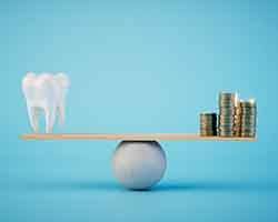 Fake tooth and pile of coins balanced on a ball and plank scale with blue background