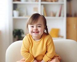 a girl with special needs smiling while sitting